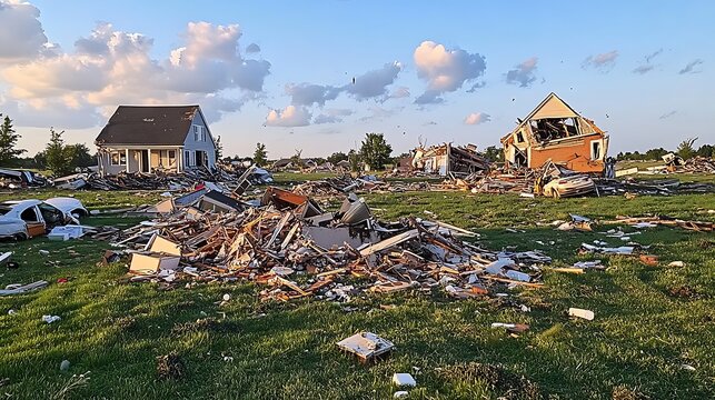 Tornado aftermath with damaged homes, overturned vehicles, and debris scattered across a field