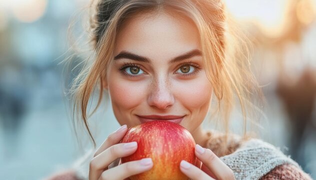 Young woman smiling while holding a red apple outdoors at sunset
