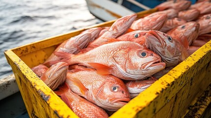 Red snapper in a yellow crate on a fishing boat - Powered by Adobe