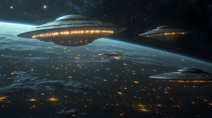 Obraz premium 3d rendering- flying saucer ufo's fleet heading earth. Starship Fleet. Illustration