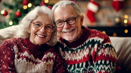 A happy senior couple in matching Christmas sweaters smiles at the camera in front of a Christmas tree - Powered by Adobe