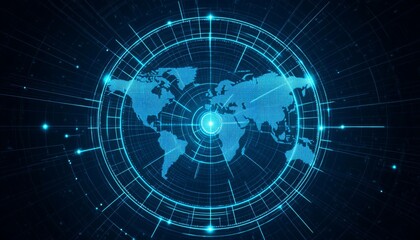 Global Surveillance technology and Monitoring Concept, digital high-tech radar screen with a world map, advanced global tracking coordination, security, and intelligence gathering. and data analysis, 