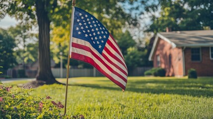 American Flag in Suburban Yard