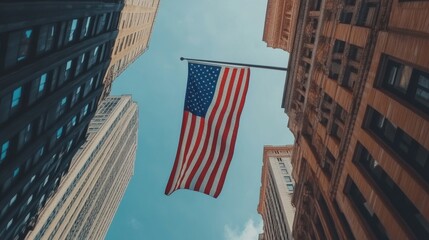 American Flag Between Skyscrapers