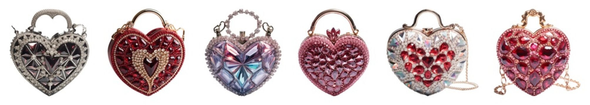 Set of bedazzled heart evening bag. Luxury statement bag collection.