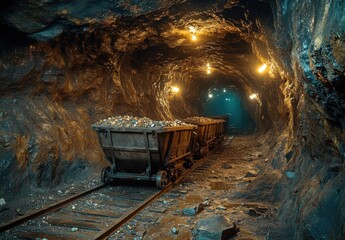 Exploring an old mining tunnel with metal carts and small gems embedded in the walls during the...