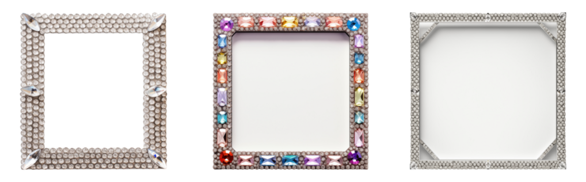 Set of bedazzled frames isolated on a transparent background. Luxury bling home decor.