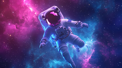 A delightful astronaut floating among stars, playful expression, glowing space suit, 3d rendering, deep blues, and purples, nebula backdrop. Deep Space Travel. Illustration