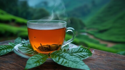 Steaming Cup of Tea in Lush Green Tea Plantation
