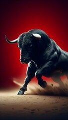 Black brave bull in motion on a red background