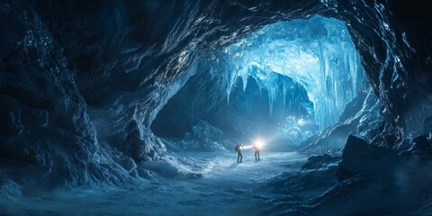 A stunning ice cave with shimmering blue light. Two explorers are seen exploring its depths. The frozen landscape is surreal and captivating, perfect for adventure themes and nature lovers. AI