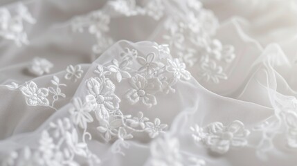 Fototapeta premium Delicate White Lace Fabric with Floral Embroidery - Wedding Dress Texture