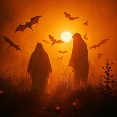 Mysterious Hooded Figures Under a Full Moon: Perfect for Halloween or Fantasy Themes