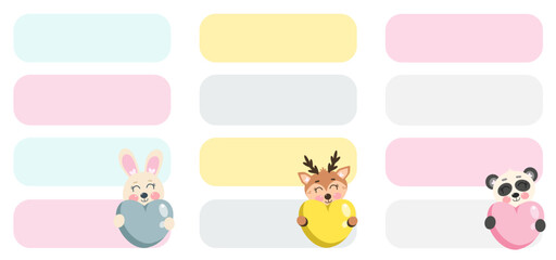Cute set of style note organizer, check list, to do list with kawaii cute deer, bunny, panda with heart. Printable kids checklist. Scrapbook, diary, page notebook, daily planner