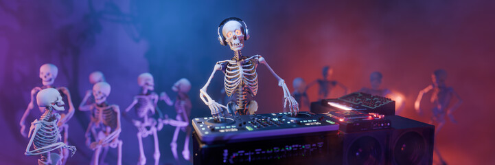 Haunted Halloween party: skeleton DJ at the mixing console surrounded by dancing spooky skeletons. Background for greeting cards, invitations, posters, holiday events, parties. 3D rendering.