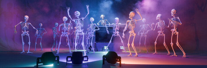 Haunted Halloween party: skeleton DJ at the mixing console surrounded by dancing spooky skeletons. Background for greeting cards, invitations, posters, holiday events, parties. 3D rendering.