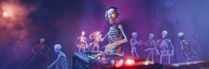 Haunted Halloween party: skeleton DJ at the mixing console surrounded by dancing spooky skeletons....