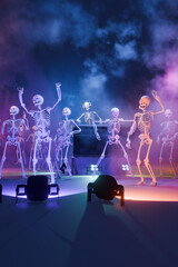 Haunted Halloween party: skeleton DJ at the mixing console surrounded by dancing spooky skeletons. Background for greeting cards, invitations, posters, holiday events, parties. 3D rendering.