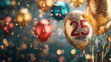 Festive decorations, confetti, and balloons with the number 2025 prominently displayed