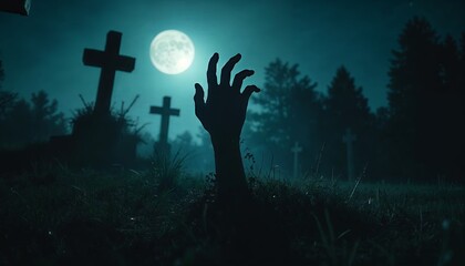Zombie hand emerging from graveyard at night with a full moon and silhouetted trees - perfect for Halloween themes, horror storytelling, or spooky designs