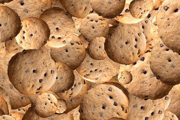 Chocolate chip biscuit pattern.Cookie texture background.Graphic resource graphic for cooking magazine and cookie and cake business promotion.