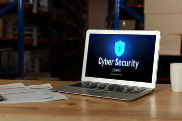 Cyber security system on computer screen protect private information snugly from hacker and cyber attack