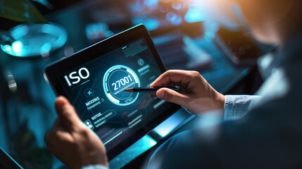 ISO 27001 concept. requirements, certification, management, standards. Businessman using tablet to choose ISO 27001 for information security management system