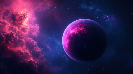 A Single Planet in a Starry Night Sky with Pink Nebula