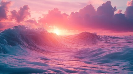 Dramatic Ocean Sunset Over Waves at Pink Twilight