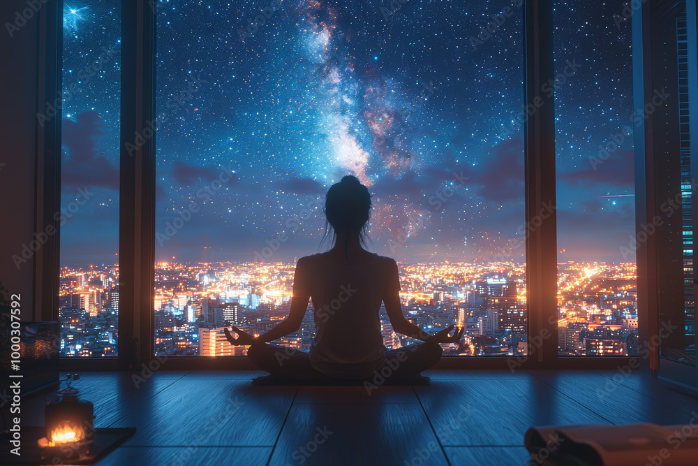 Canvas Prints a person sitting in a meditation pose in front of a window with a view of a starry night, symbolizin