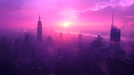 Fototapeta premium Vibrant Pink Sunset over City Skyline