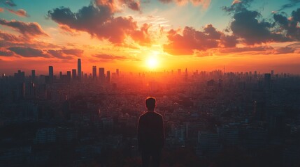 Fototapeta premium Sunset Over Cityscape With Silhouette Admiring the View