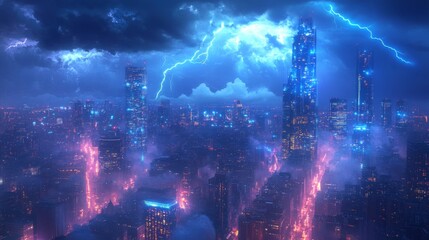 Futuristic Cyberpunk Cityscape with Lightning