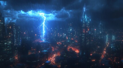 Futuristic Cityscape at Night with Lightning Storm