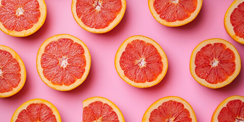 Grapefruit Halves and Leaves on Pink Background


