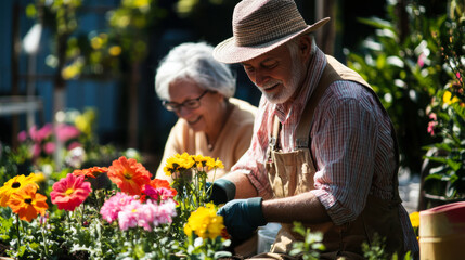 Elderly women engage in community gardening, cultivating vibrant flowers in a sunny outdoor space during a pleasant afternoon