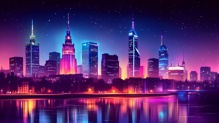 Fototapeta premium Amazing nighttime cityscape of warszawa, the capital city of poland. Neon Skyline. Illustration