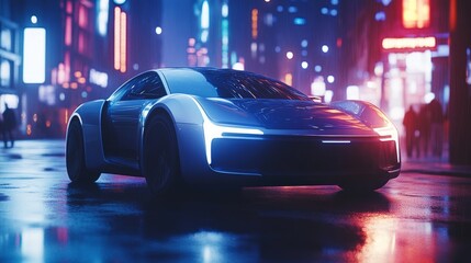 Fototapeta premium Futuristic car on city street at night