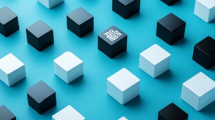 Obraz premium Geometric Black and White Cubes on Blue Background