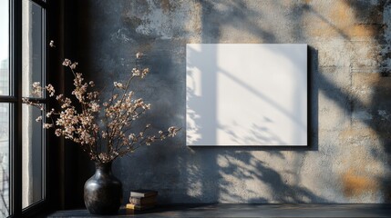 Blank Canvas Display with Natural Light and Floral Arrangement