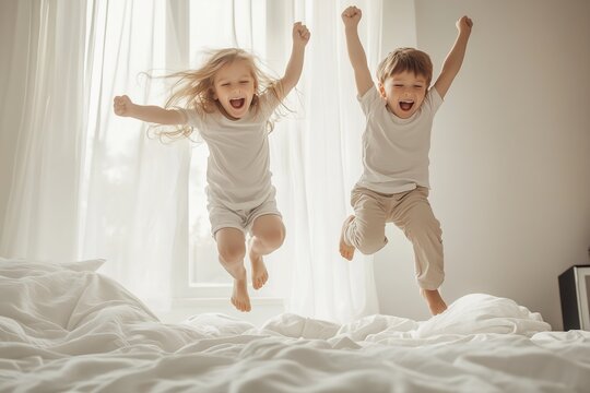 two children jumping on the bed