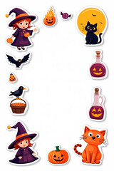 Naklejka premium Halloween sticker sheet for preschoolers with big shapes and whimsical elements like witch, cat, raven, elixir on a white background, empty space for text