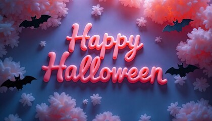 Vibrant Pink Neon Happy Halloween Sign with Floral Accents Perfect for Festive Decor and Celebrations