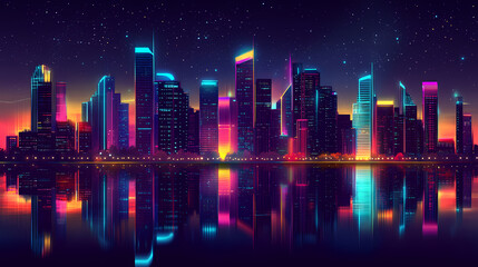 A skyline with a neon colored city at night, showing a cityscape with a vibrant reflection in a river, ai generated. Neon Skyline. Illustration