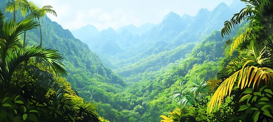 A vibrant, tropical rainforest with a large clear sky area for text