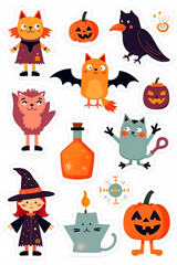 Halloween sticker sheet for preschoolers with big shapes and whimsical elements like witch, cat, raven, elixir on a white background