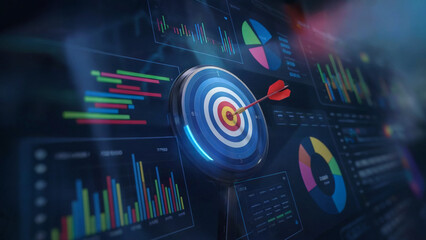 A digital interface with multiple graphical elements. Dominating the center is a target with an arrow hitting the bullseye. 