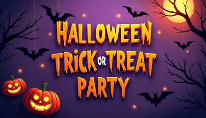 Halloween Trick or Treat Party Poster Featuring Spooky Decor and Festive Colors for Invitations and Celebrations