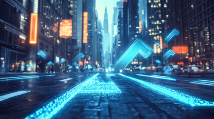 Obraz premium A neon-lit urban street at night with glowing blue directional arrows guiding pedestrians through a futuristic cityscape
