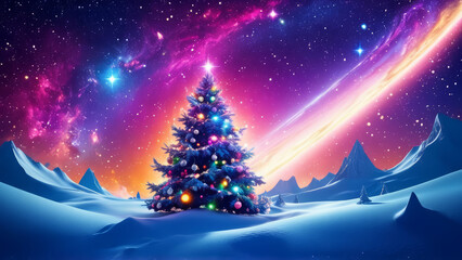 Obraz premium Festive Christmas night with ornate big Christmas tree, winter snowy landscape, beautiful sky purple and dark blue, Xmas sparkled background